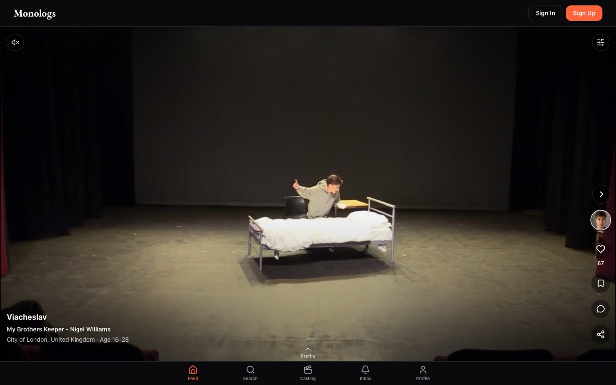 The Monologs feed playing an actor's audition tape, with their name, the play and the role's age range